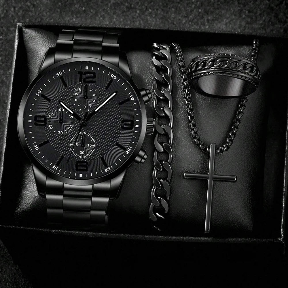 Set Cadou Premium pentru Bărbați – Ceas, Brățară, Colier și Inel | Black Edition