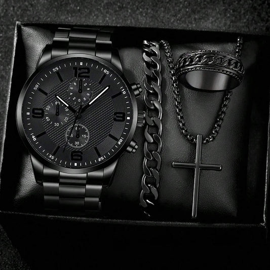 Set Cadou Premium pentru Bărbați – Ceas, Brățară, Colier și Inel | Black Edition