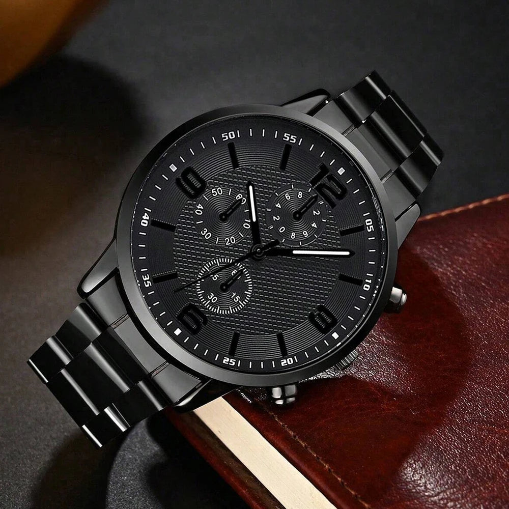 Set Cadou Premium pentru Bărbați – Ceas, Brățară, Colier și Inel | Black Edition