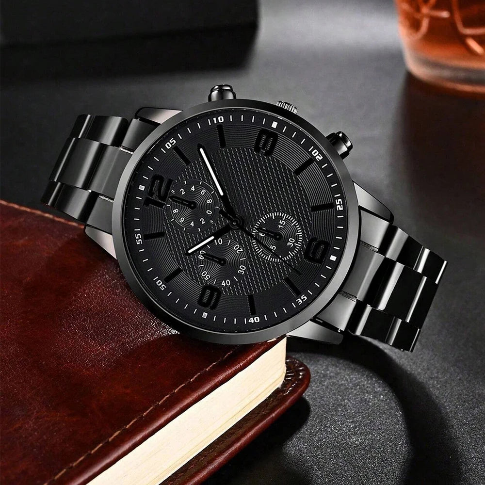 Set Cadou Premium pentru Bărbați – Ceas, Brățară, Colier și Inel | Black Edition